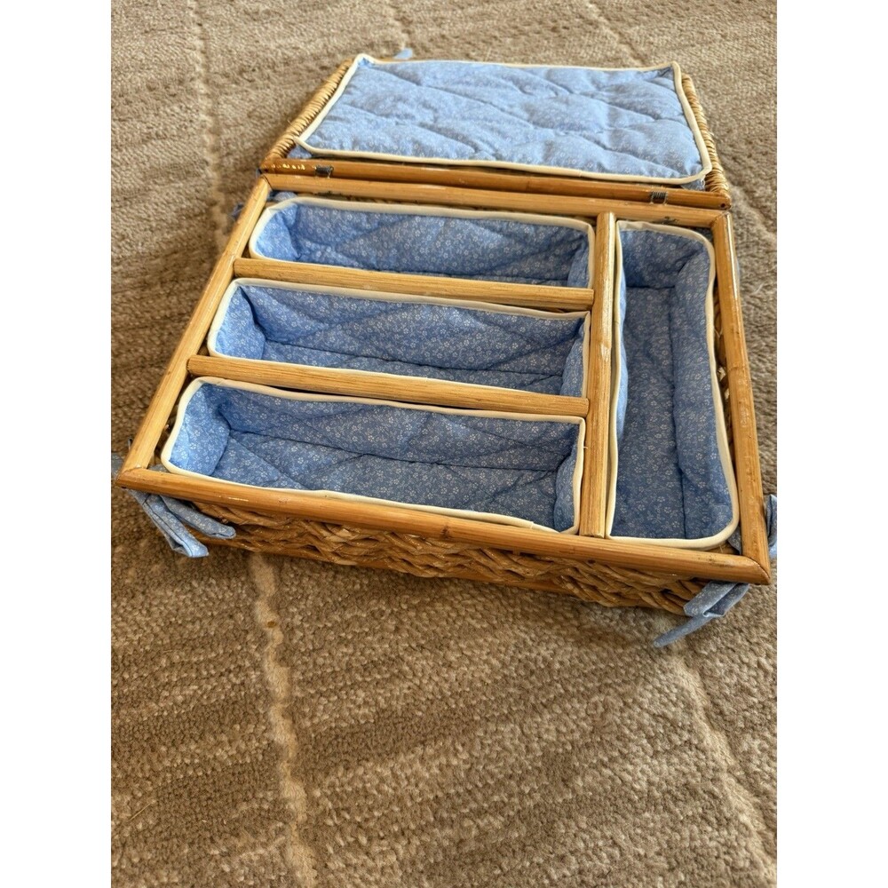 Vintage Wicker Picnic/Silverware Basket Blue Floral Fabric Divided Cottagecore